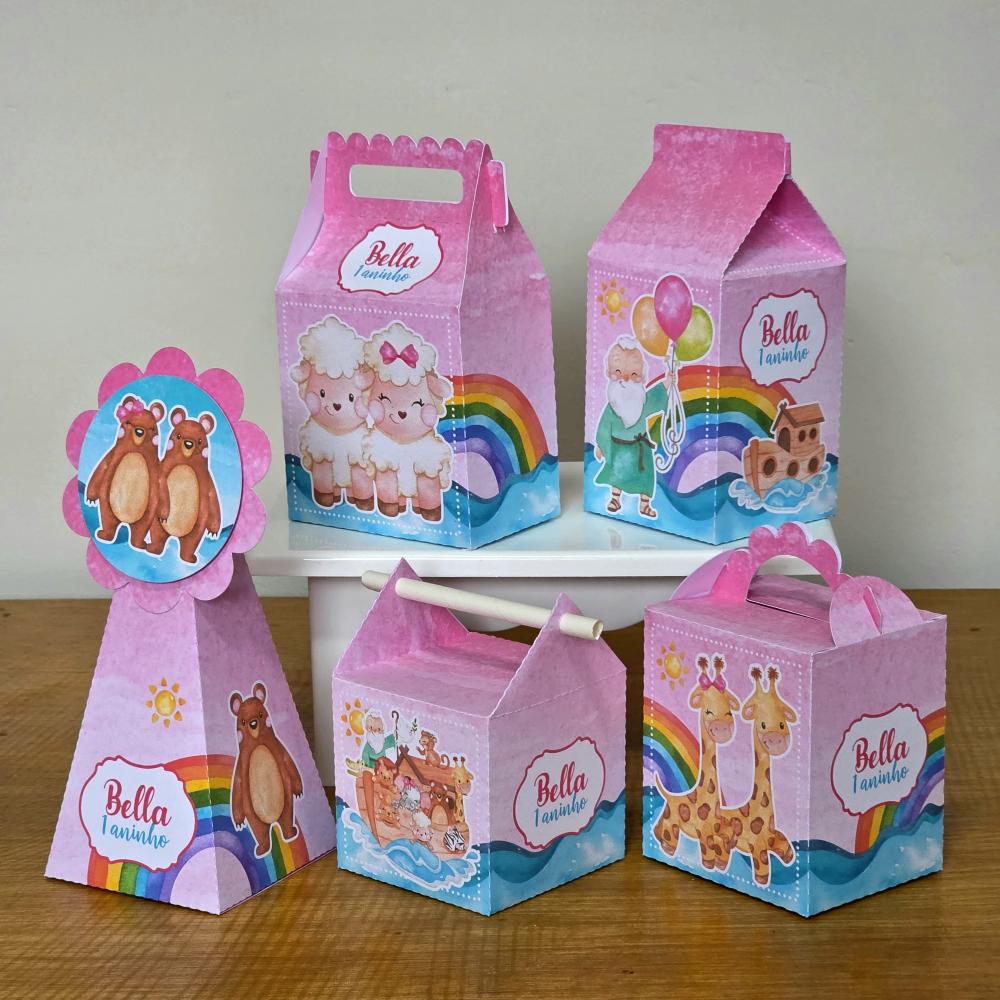 Kit 10 Caixinhas Personalizadas Arca de Noé Menina PEGUE E MONTE