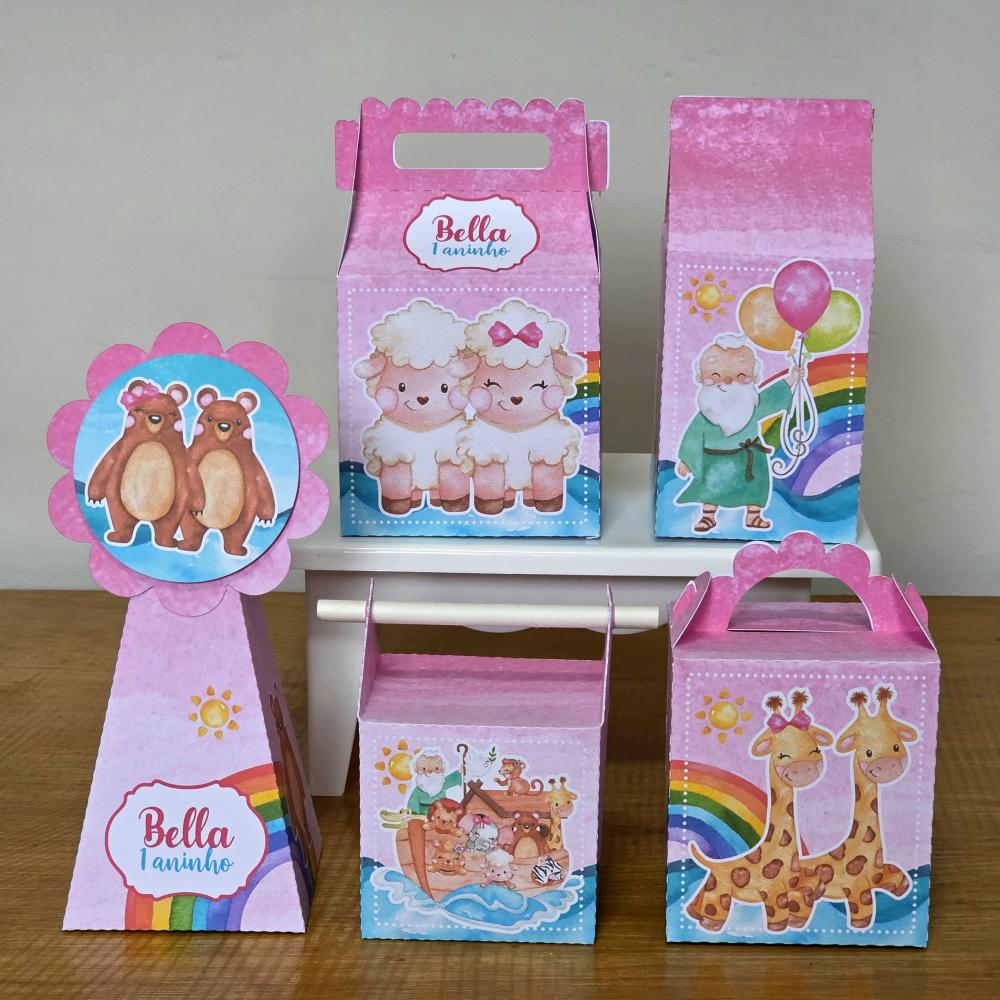 Kit 10 Caixinhas Personalizadas Arca de Noé Menina PEGUE E MONTE
