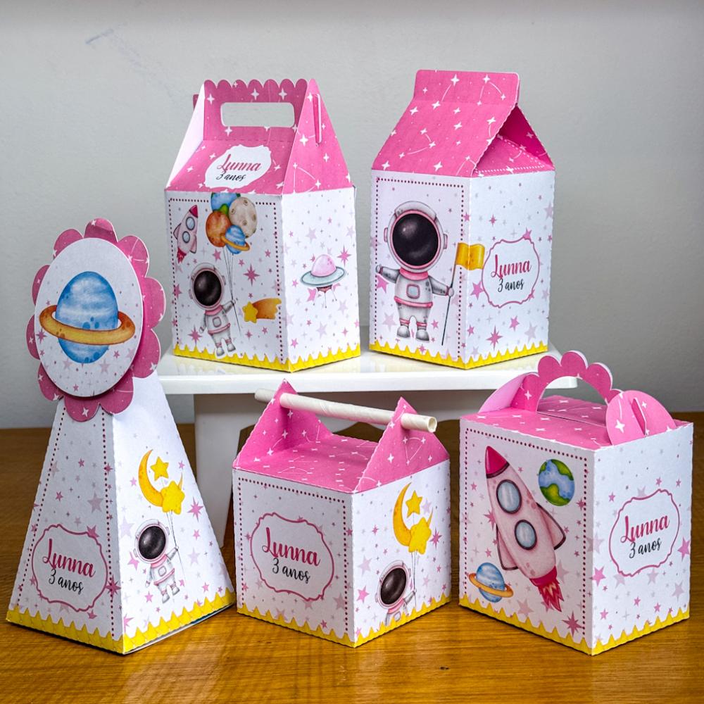 Kit 10 Caixinhas Personalizadas Astronauta Menina PEGUE E MONTE (