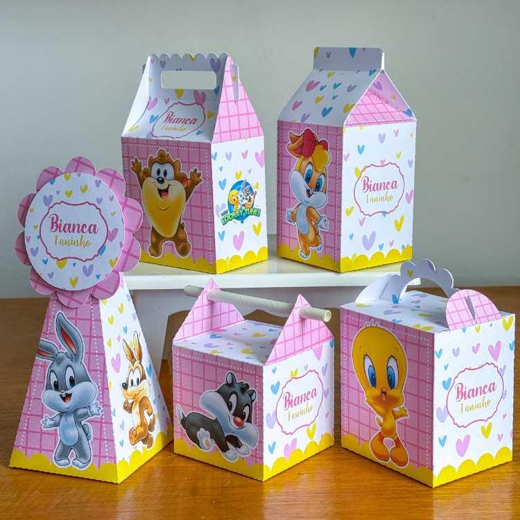 Kit 10 Caixinhas Personalizadas Looney Tunes Menina PEGUE E MONTE