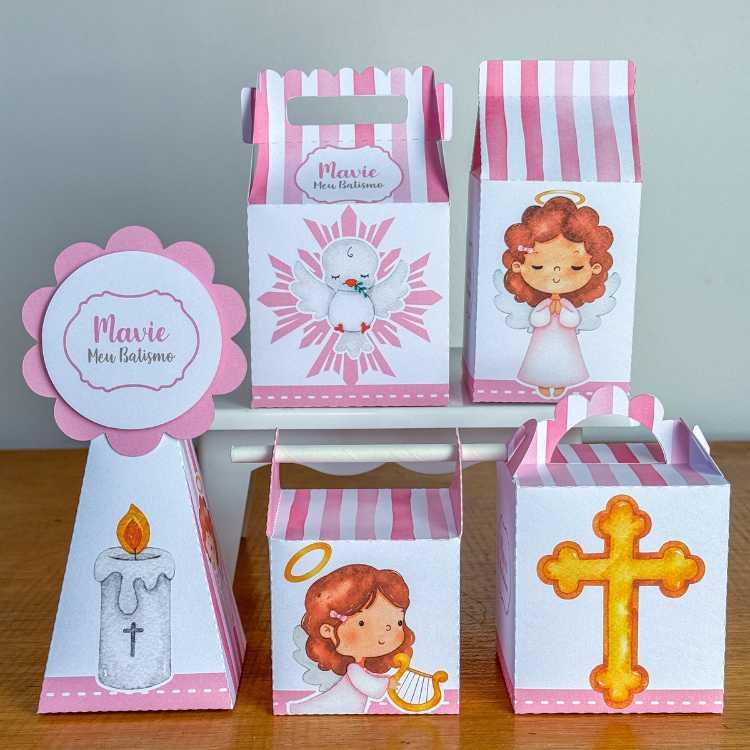 Kit 10 Caixinhas Personalizadas Batizado Menina PEGUE E MONTE (LE