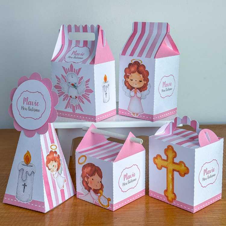 Kit 10 Caixinhas Personalizadas Batizado Menina PEGUE E MONTE (LE