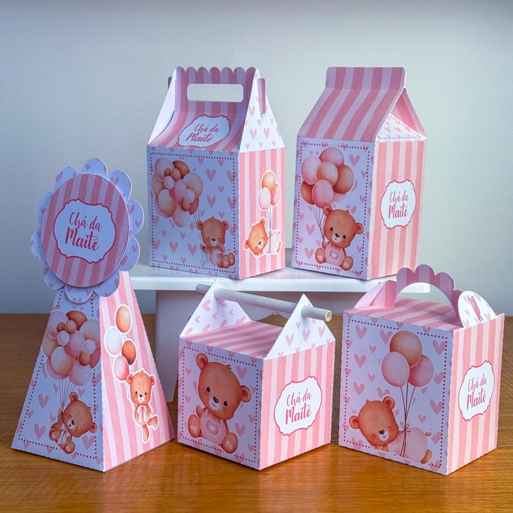 Kit 10 Caixinhas Personalizadas Chá de Bebê Ursinha Rosa Claro