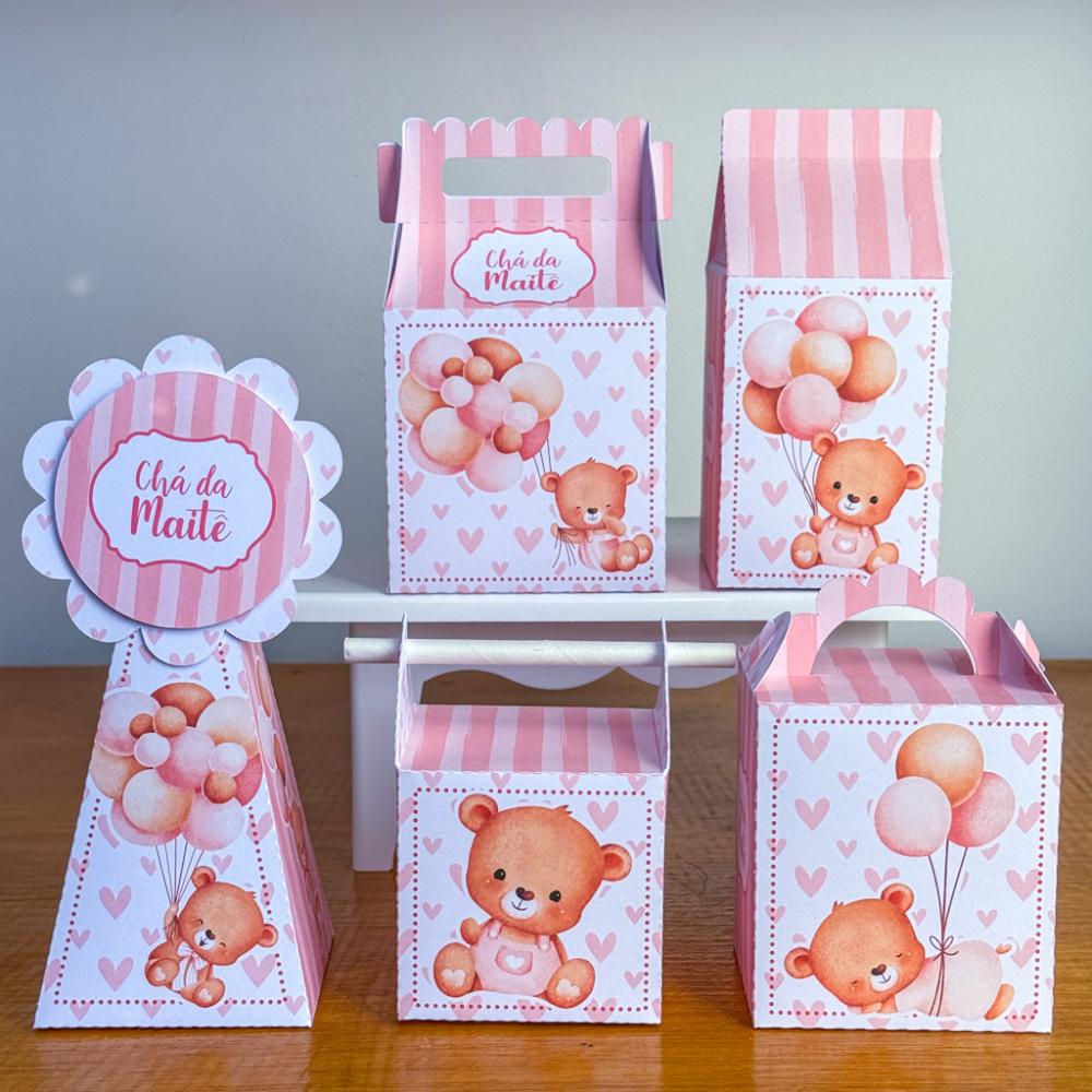 Kit 10 Caixinhas Personalizadas Chá de Bebê Ursinha Rosa Claro