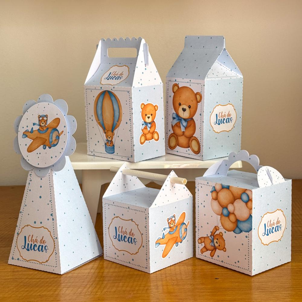 Kit 10 Caixinhas Personalizadas Chá de Bebê Ursinho Azul PEGUE