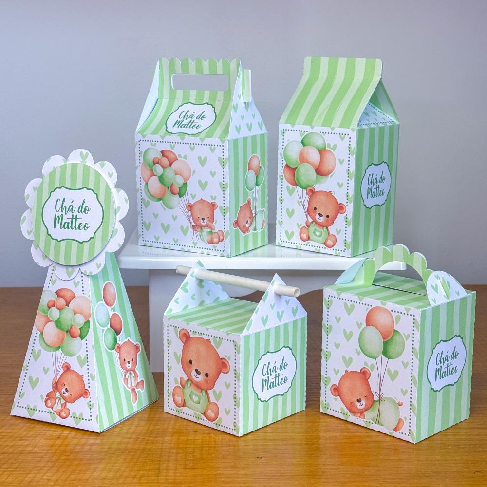 Kit 10 Caixinhas Personalizadas Chá de Bebê Ursinho Verde Claro