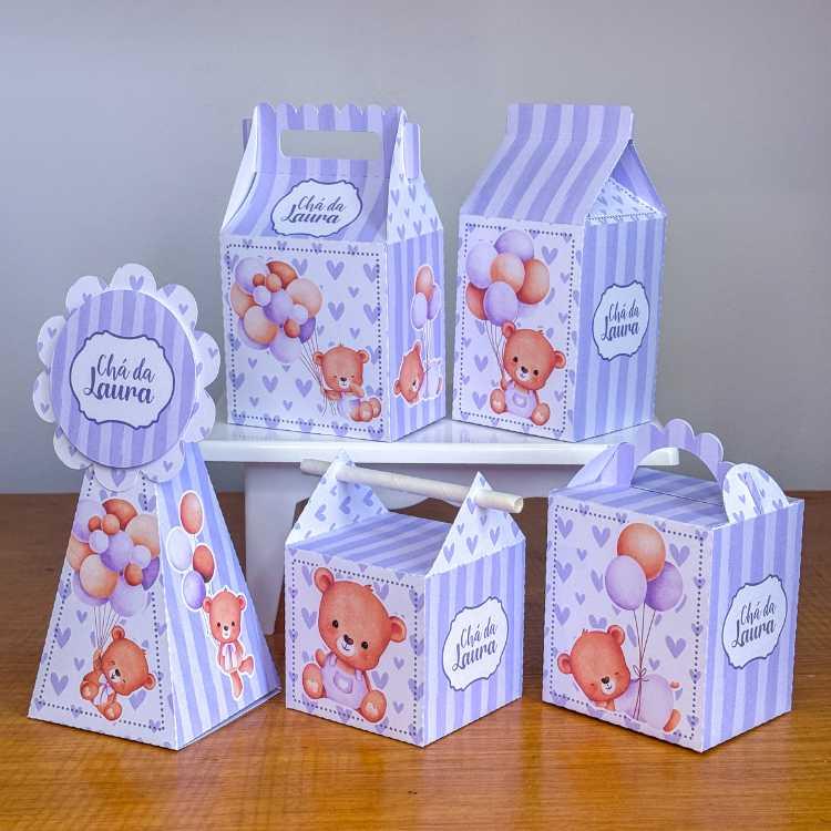 Kit 10 Caixinhas Personalizadas Chá de Bebê Ursinha Lilás PEGU