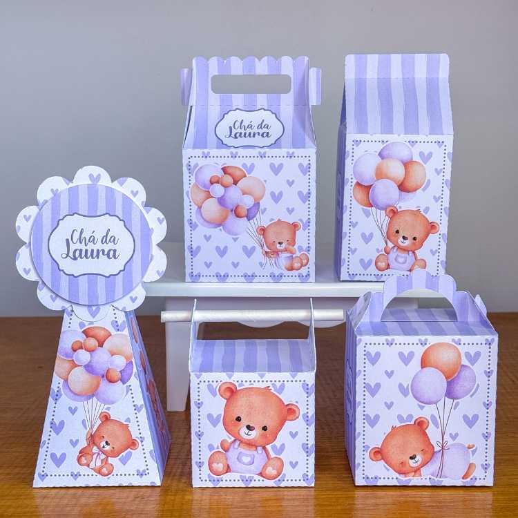 Kit 10 Caixinhas Personalizadas Chá de Bebê Ursinha Lilás PEGU