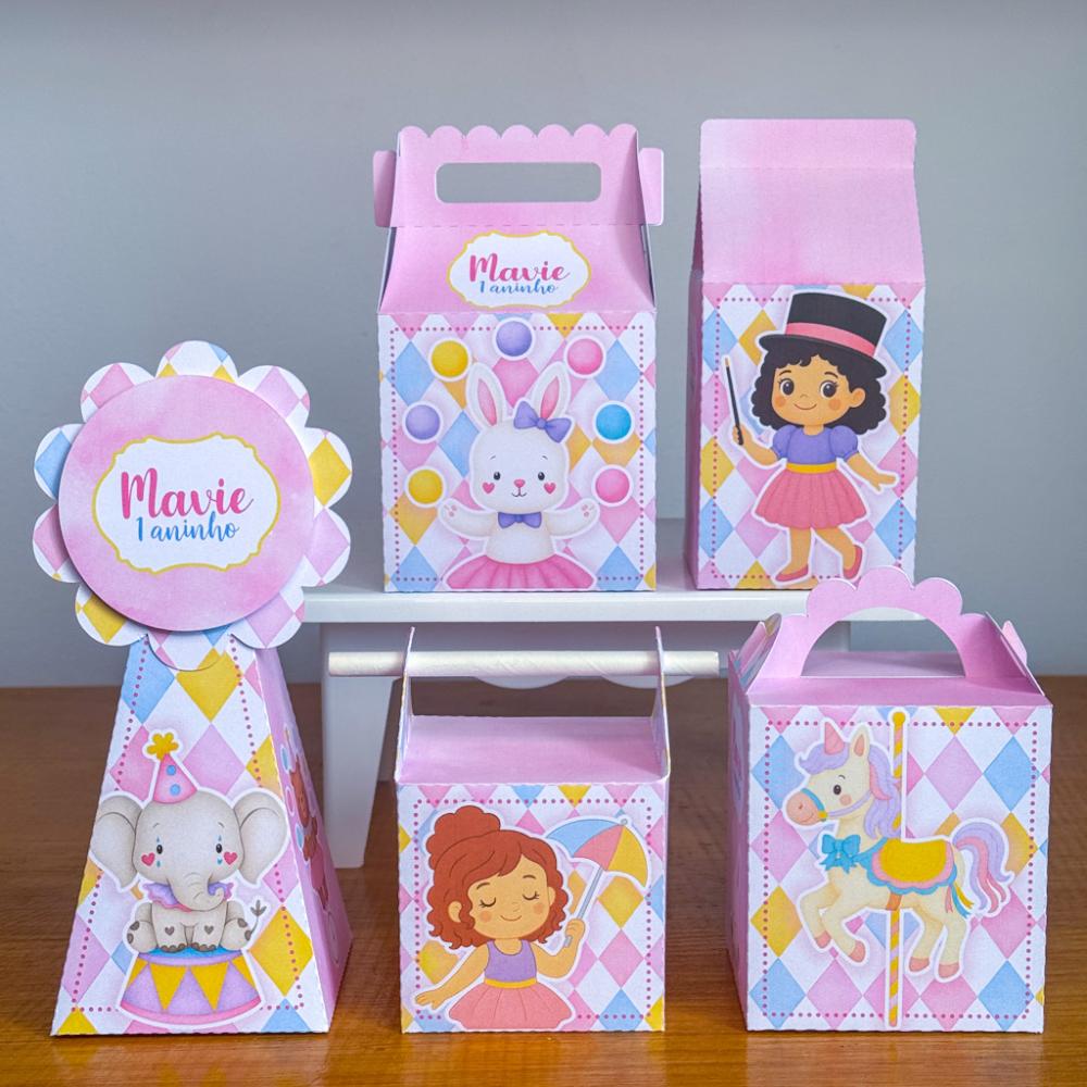 Kit 10 Caixinhas Personalizadas Circo Menina PEGUE E MONTE (LEIA