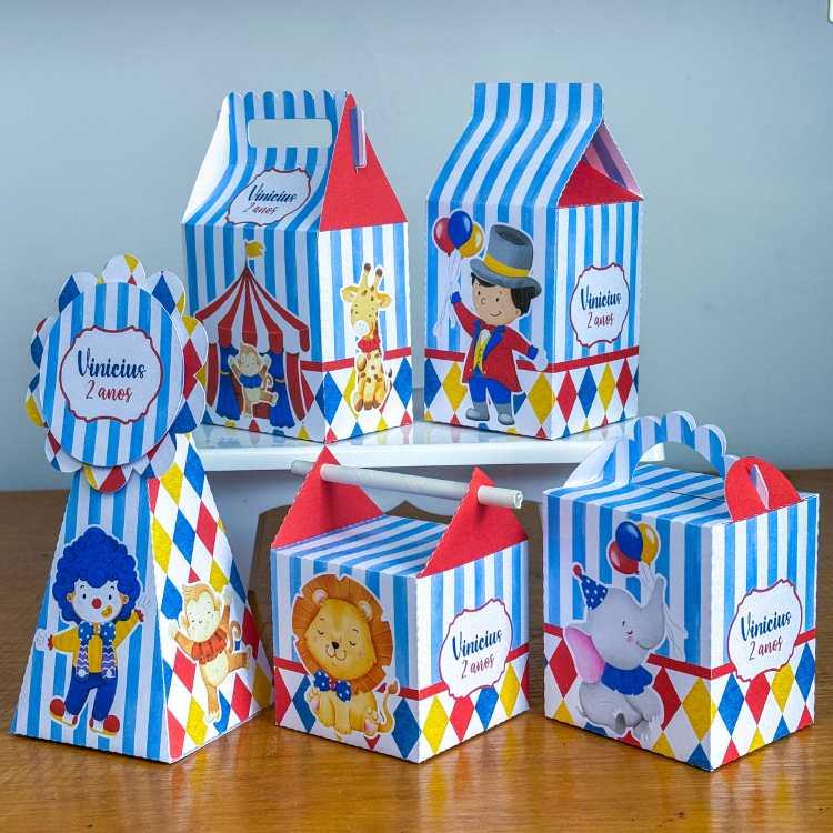 Kit 10 Caixinhas Personalizadas Circo Menino PEGUE E MONTE (LEIA
