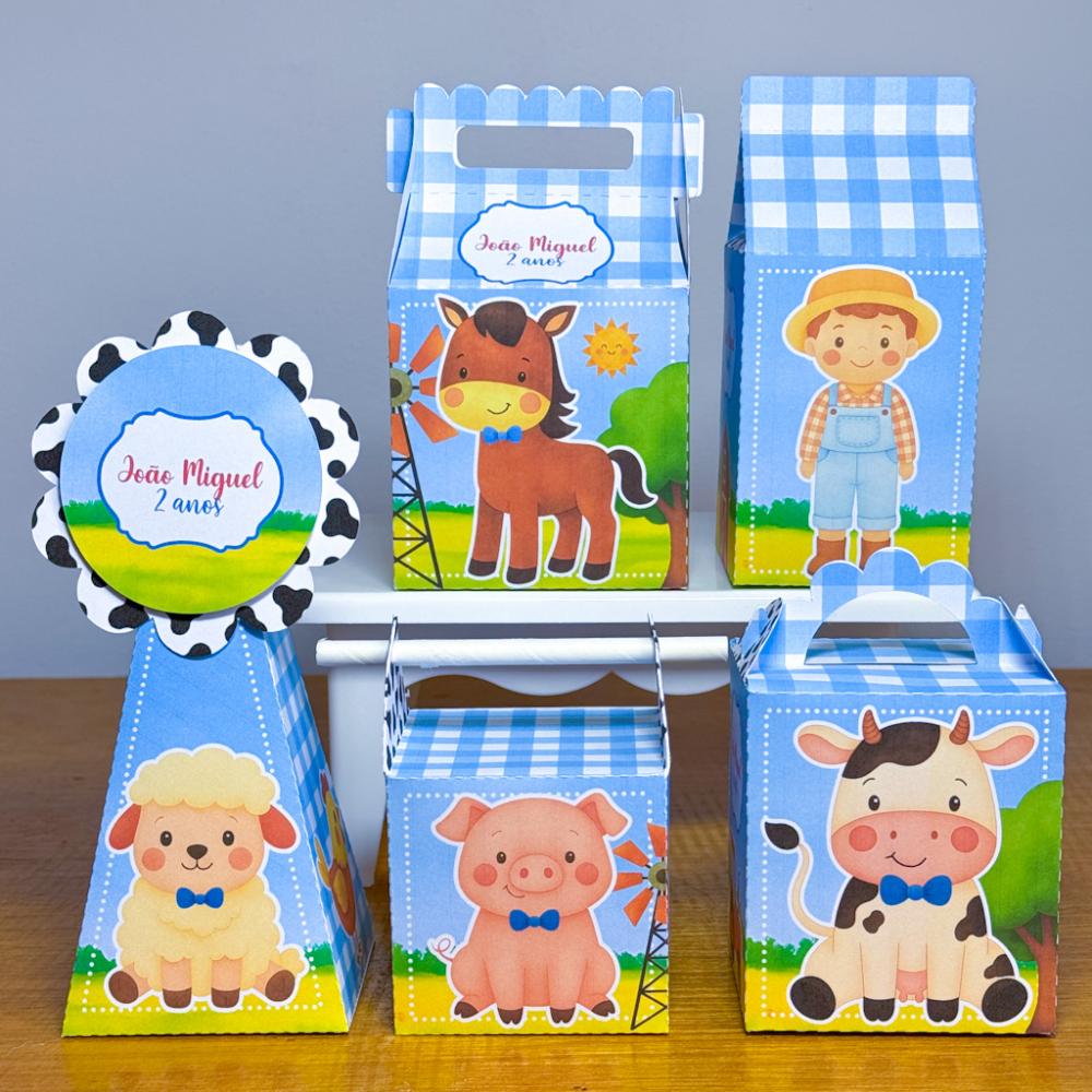 Kit 10 Caixinhas Personalizadas Fazendinha Menino PEGUE E MONTE (