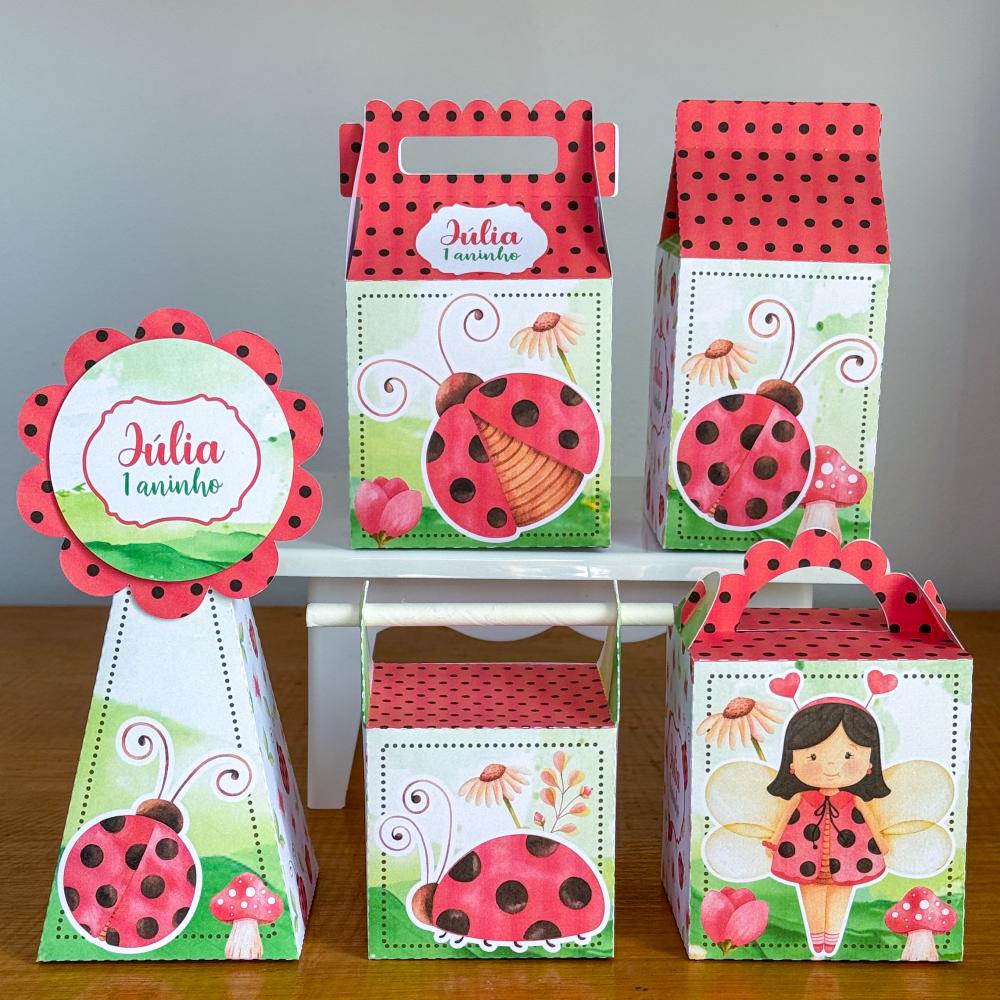 Kit 10 Caixinhas Personalizadas Joaninha PEGUE E MONTE (LEIA A DE