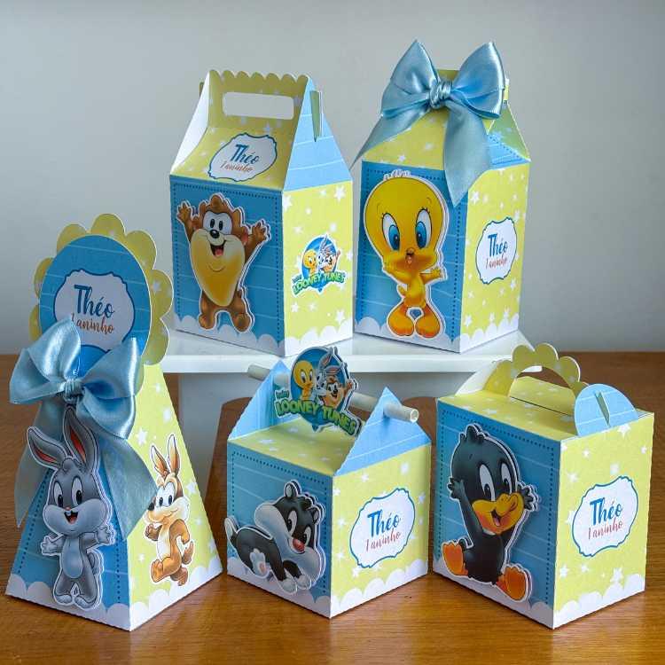 Kit 10 Caixinhas Personalizadas Baby Looney Tunes Menino Com Laç