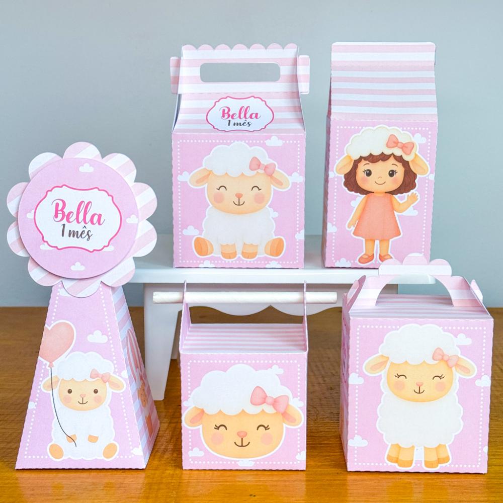Kit 10 Caixinhas Personalizadas Ovelhinha Rosa PEGUE E MONTE (LEI