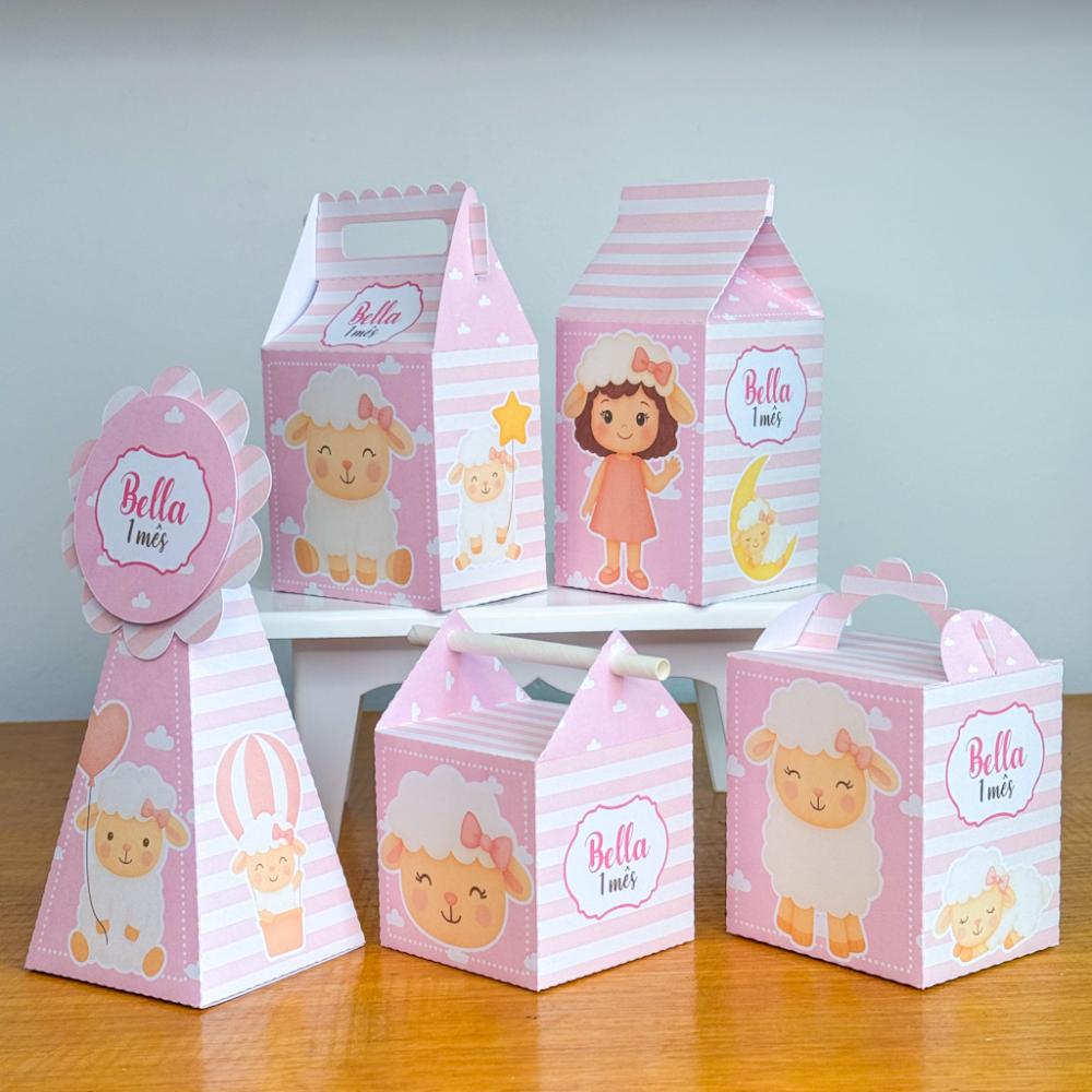 Kit 10 Caixinhas Personalizadas Ovelhinha Rosa PEGUE E MONTE (LEI