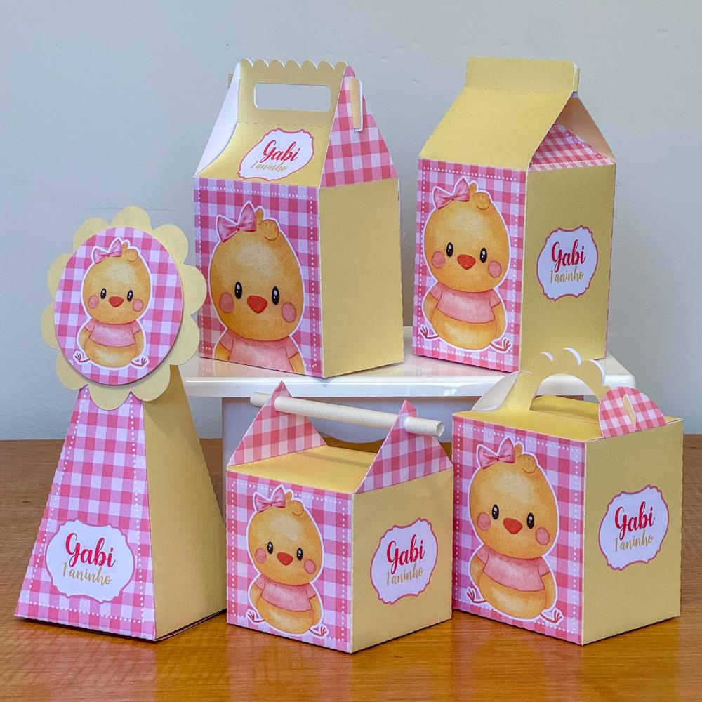 Kit 10 Caixinhas Personalizadas Pintinha Amarelinha PEGUE E MONTE