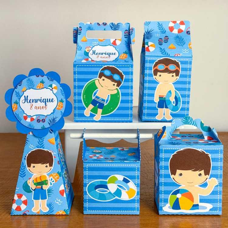 Kit 10 Caixinhas Personalizadas Pool Party Menino PEGUE E MONTE (