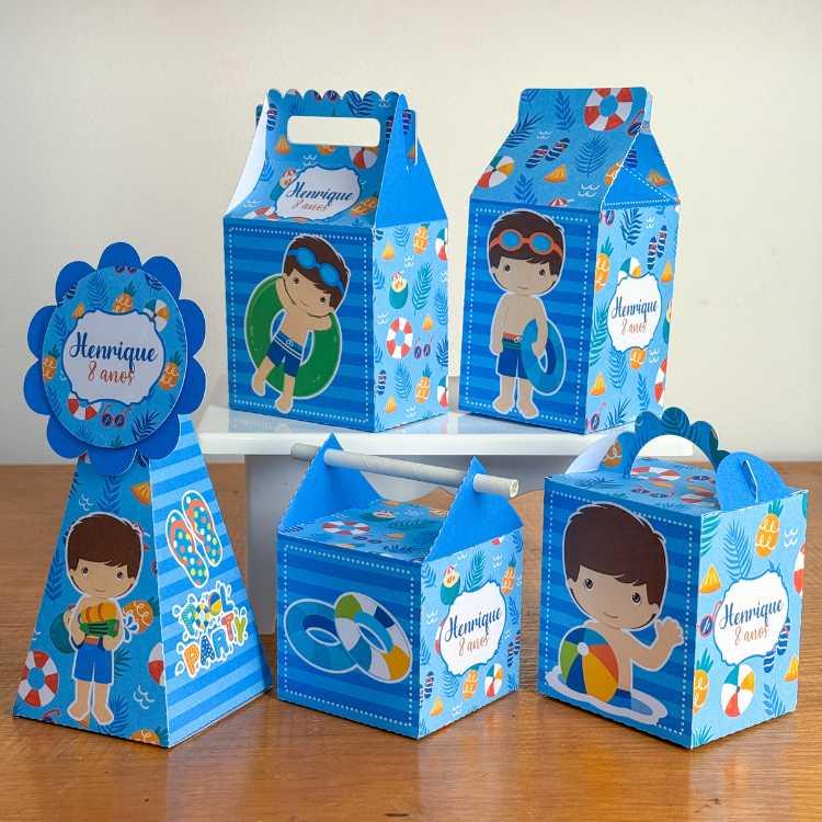 Kit 10 Caixinhas Personalizadas Pool Party Menino PEGUE E MONTE (
