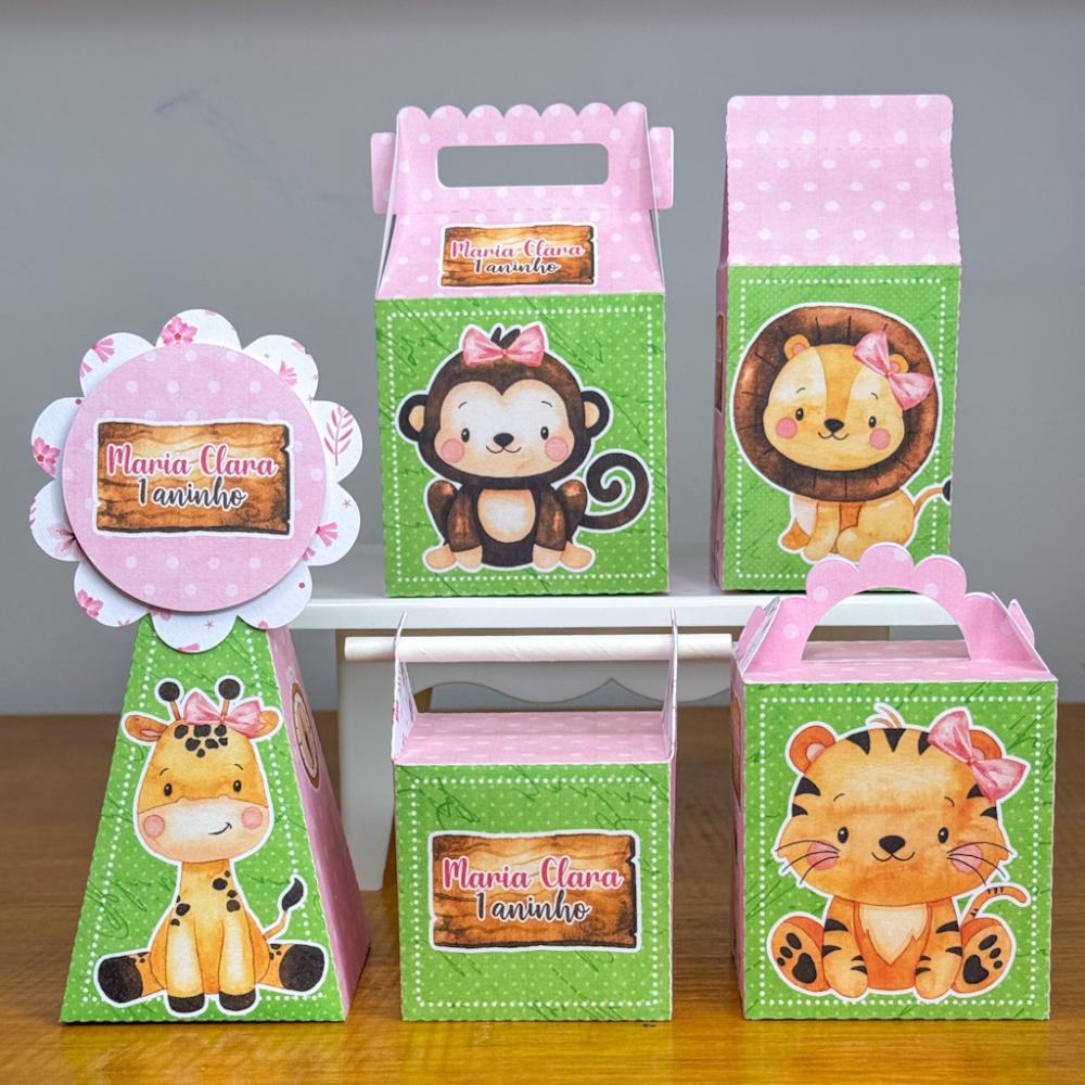 Kit 10 Caixinhas Personalizadas Safari Menina PEGUE E MONTE (LEIA