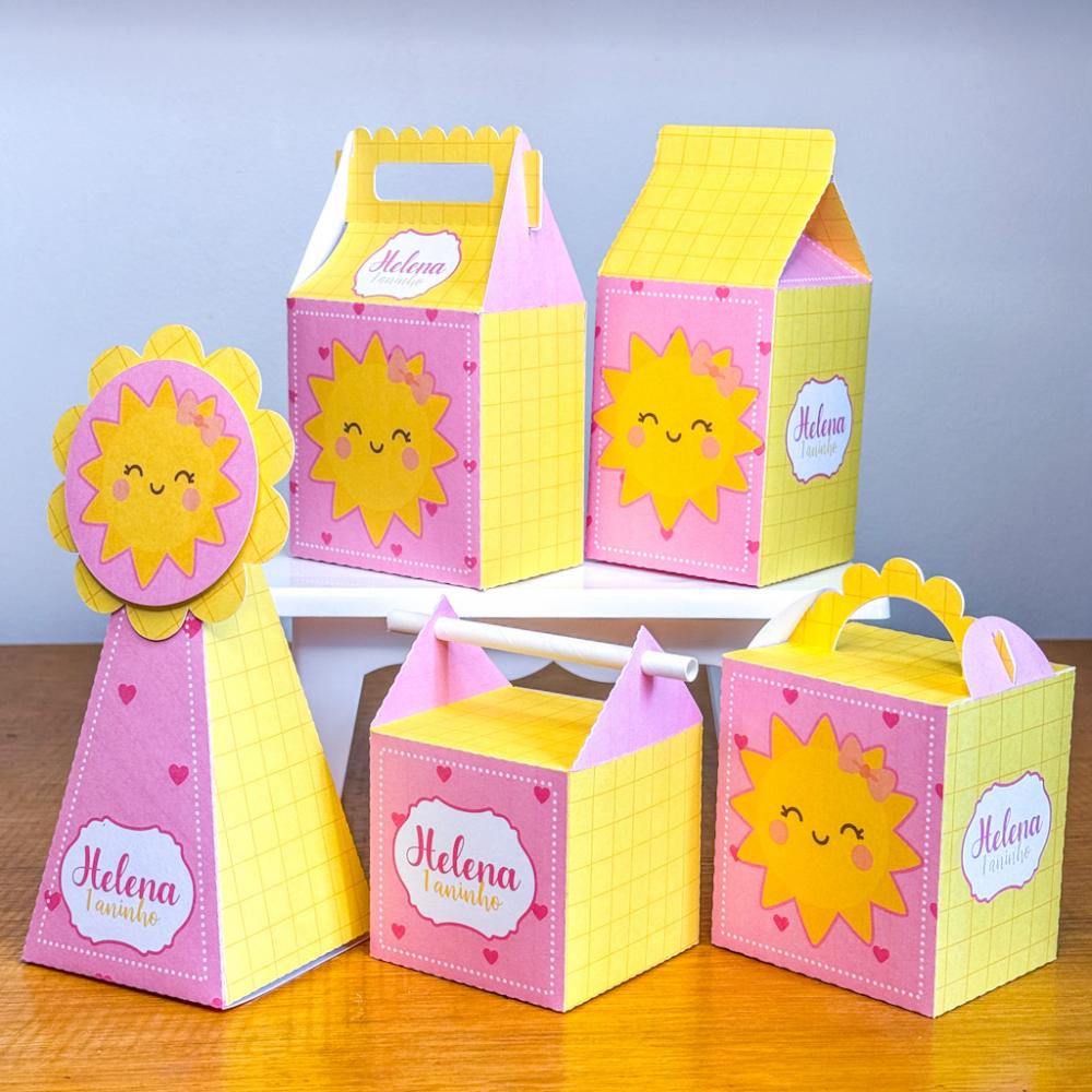 Kit 10 Caixinhas Personalizadas Raio de Sol Menina PEGUE E MONTE 