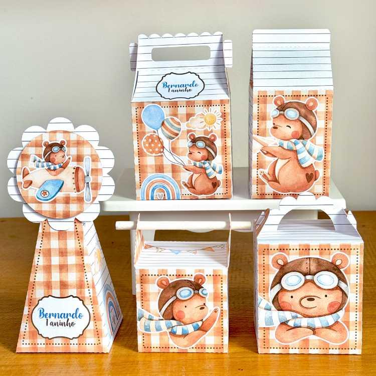 Kit 10 Caixinhas Personalizadas Ursinho Aviador PEGUE E MONTE (LE