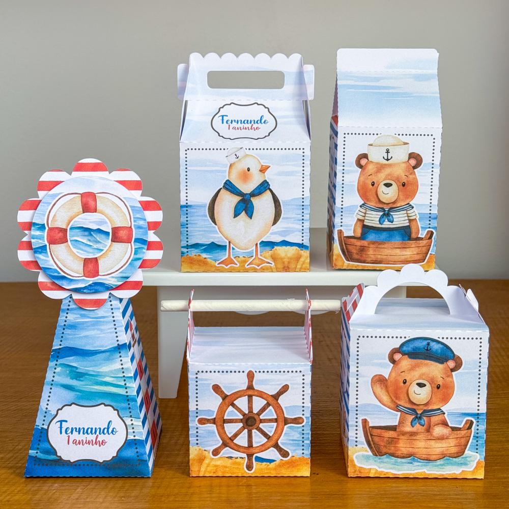 Kit 10 Caixinhas Personalizadas Ursinho Marinheiro PEGUE E MONTE 
