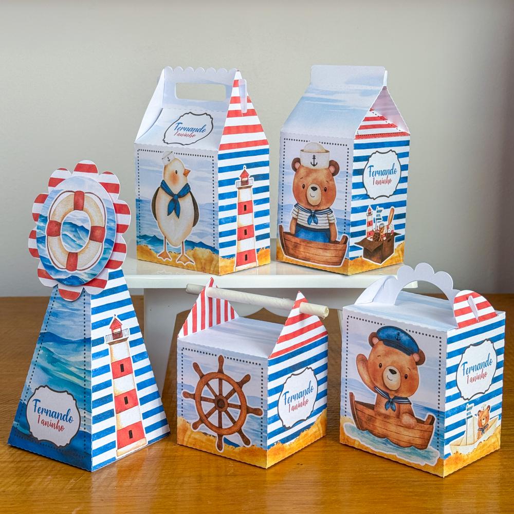 Kit 10 Caixinhas Personalizadas Ursinho Marinheiro PEGUE E MONTE 