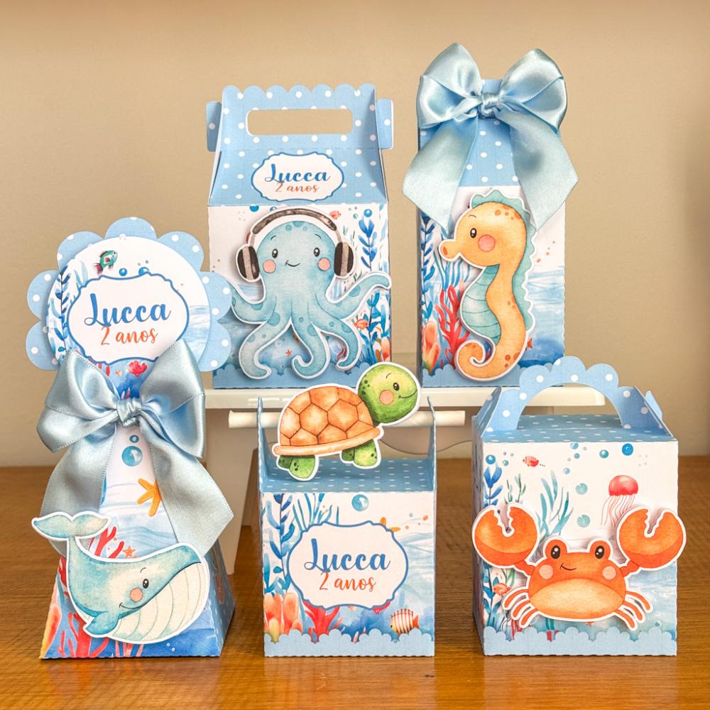 Kit 10 Caixinhas Personalizadas Fundo Do Mar Menino Com Laços e