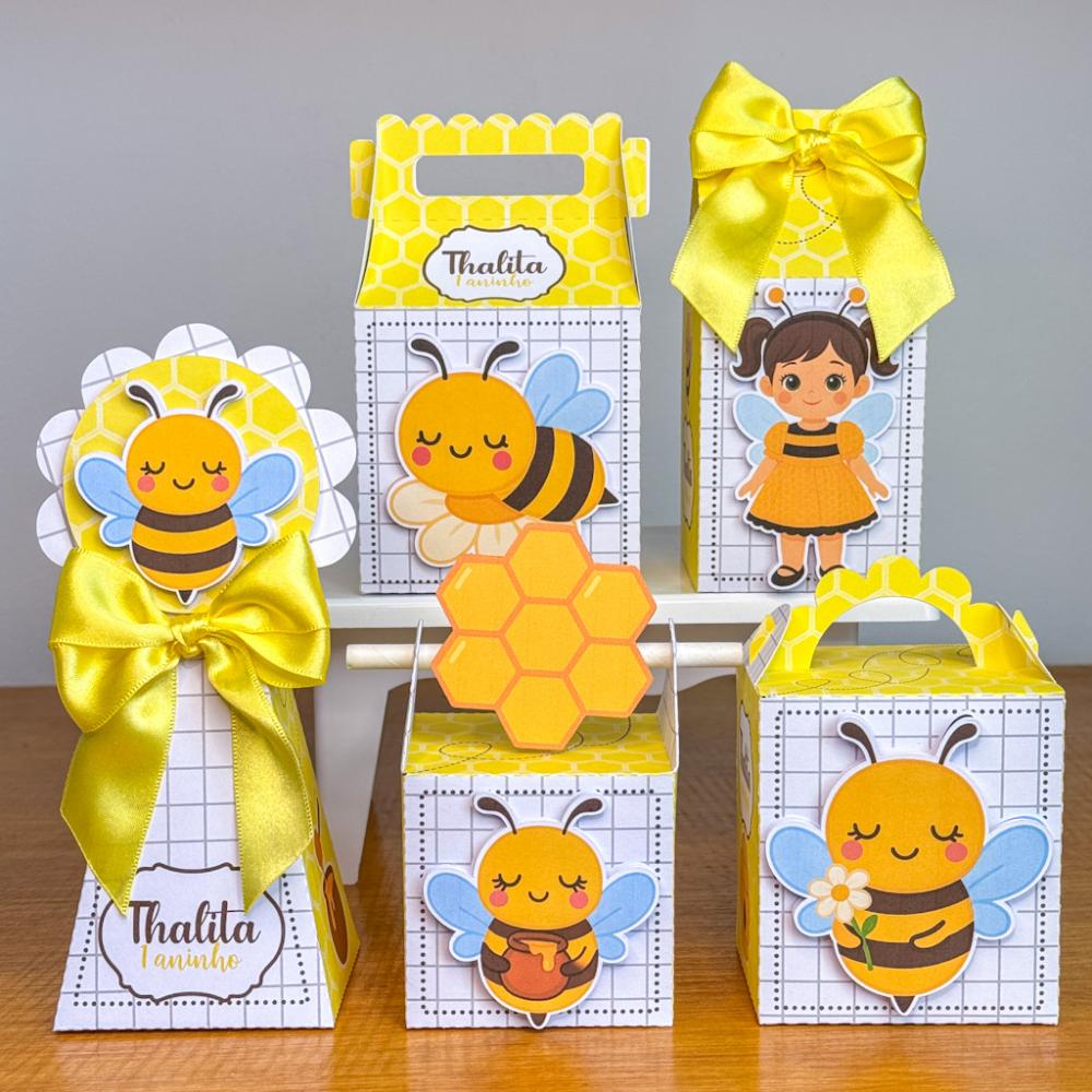 Kit 10 Caixinhas Personalizadas Abelhinha Com Laços e Apliques P