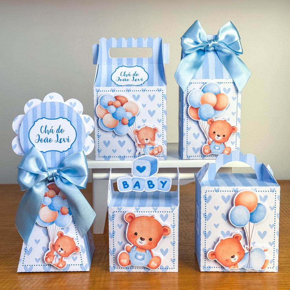 Kit 10 Caixinhas Personalizadas Chá de Bebê Ursinho Azul Claro 