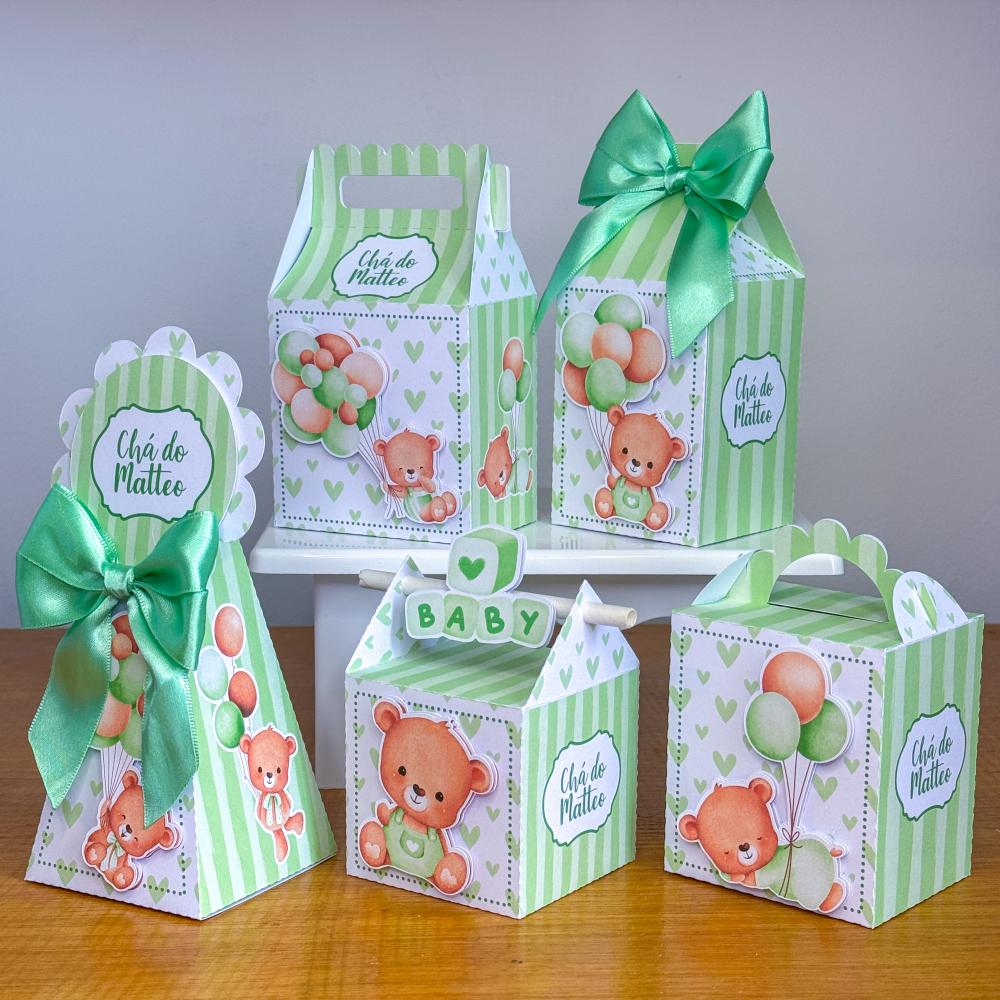 Kit 10 Caixinhas Personalizadas Chá de Bebê Ursinho Verde Claro