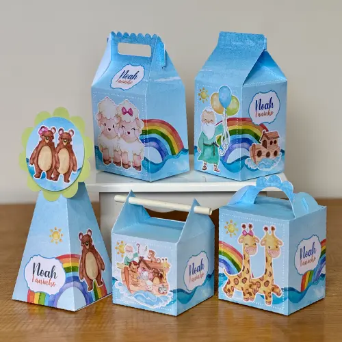 Kit 10 Caixinhas Personalizadas Arca de Noé Menino PEGUE E MONTE