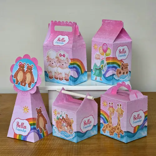 Kit 10 Caixinhas Personalizadas Arca de Noé Menina PEGUE E MONTE