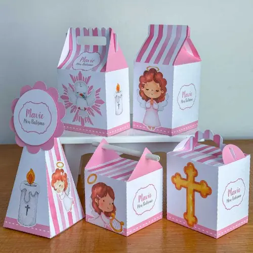 Kit 10 Caixinhas Personalizadas Batizado Menina PEGUE E MONTE (LE
