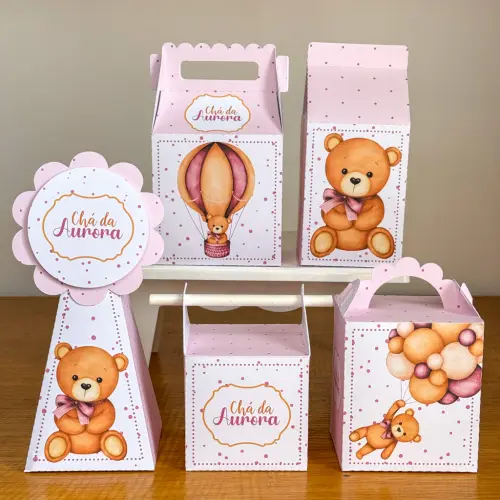 Kit 10 Caixinhas Personalizadas Chá de Bebê Ursinha Rosa  PEGUE E MONTE (LEIA A DESCRIÇÃO)