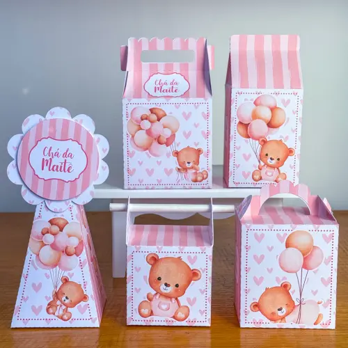 Kit 10 Caixinhas Personalizadas Chá de Bebê Ursinha Rosa Claro PEGUE E MONTE (LEIA A DESCRIÇÃO)