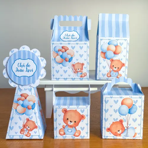 Kit 10 Caixinhas Personalizadas Chá de Bebê Ursinho Azul Claro PEGUE E MONTE (LEIA A DESCRIÇÃO)