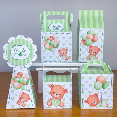 Kit 10 Caixinhas Personalizadas Chá de Bebê Ursinho Verde Claro PEGUE E MONTE (LEIA A DESCRIÇÃO)