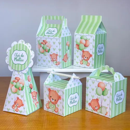 Kit 10 Caixinhas Personalizadas Chá de Bebê Ursinho Verde Claro