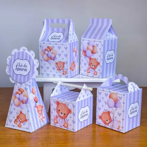 Kit 10 Caixinhas Personalizadas Chá de Bebê Ursinha Lilás PEGU