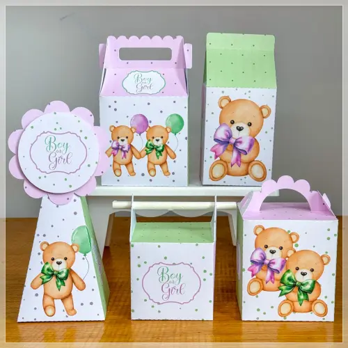 Kit 10 Caixinhas Personalizadas Chá Revelação Verde e Lilás PEGUE E MONTE (LEIA A DESCRIÇÃO)