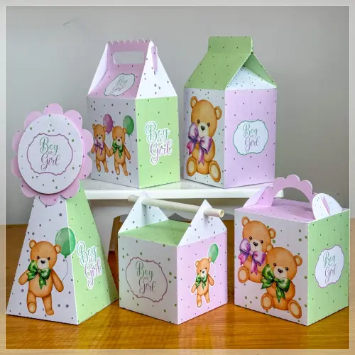 Kit 10 Caixinhas Personalizadas Chá Revelação Verde e Lilás P