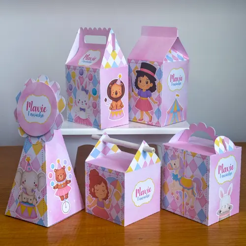 Kit 10 Caixinhas Personalizadas Circo Menina PEGUE E MONTE (LEIA