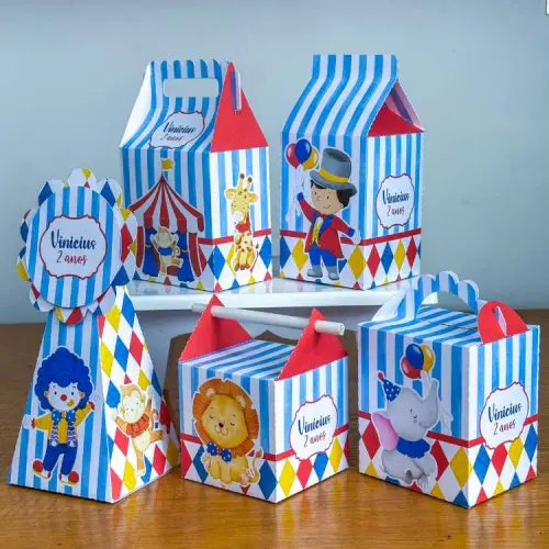 Kit 10 Caixinhas Personalizadas Circo Menino PEGUE E MONTE (LEIA