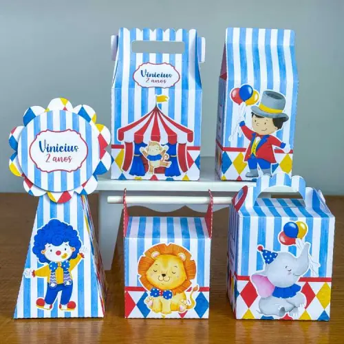 Kit 10 Caixinhas Personalizadas Circo Menino PEGUE E MONTE (LEIA A DESCRIÇÃO)