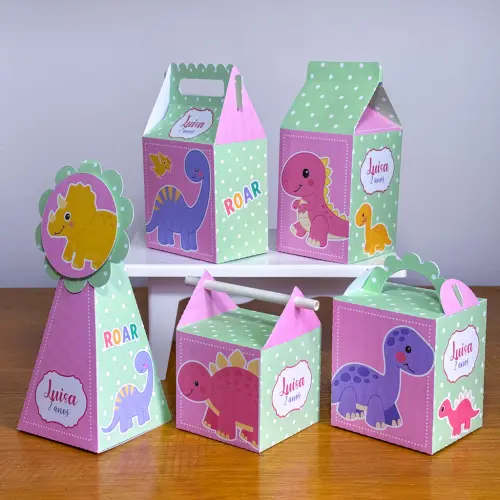 Kit 10 Caixinhas Personalizadas Dinossauro Menina PEGUE E MONTE (