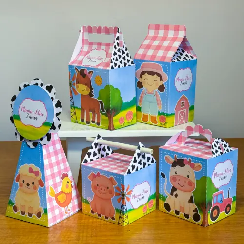 Kit 10 Caixinhas Personalizadas Fazendinha Menina PEGUE E MONTE (
