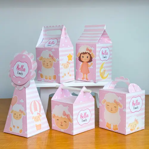 Kit 10 Caixinhas Personalizadas Ovelhinha Rosa PEGUE E MONTE (LEI