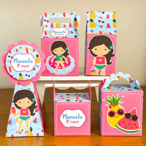 Kit 10 Caixinhas Personalizadas Pool Party Menina PEGUE E MONTE (LEIA A DESCRIÇÃO)