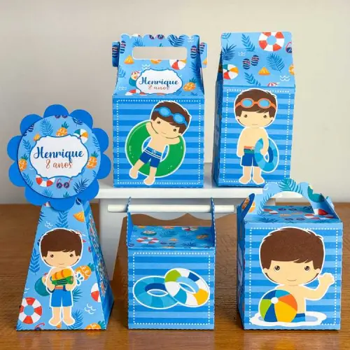 Kit 10 Caixinhas Personalizadas Pool Party Menino PEGUE E MONTE (LEIA A DESCRIÇÃO)